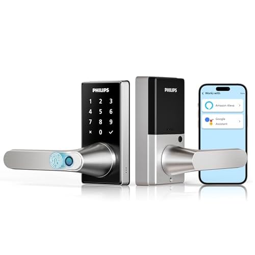 Philips Wi-Fi Smart Door Lock with Handle, Keyless Entry Door Lock, Fingerprint Door Knob, App Remote Control, Auto-Lock, Keypad Deadbolt with Lever for Front Door and Bedrooms, Security Eas