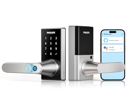 Philips Wi-Fi Smart Door Lock with Handle, Keyless Entry Door Lock, Fingerprint Door Knob, App Remote Control, Auto-Lock, Keypad Deadbolt with Lever for Front Door and Bedrooms, Security Easy Install
