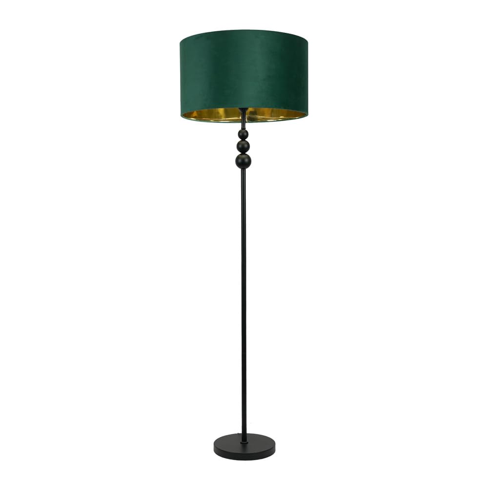 ValueLights Marissa Forest Green Velvet Gold Inner Shade Black Stacked Ball LED Floor Lamp - 145cm Height - Black Base