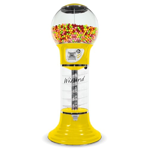 Giant Gumball Machine with Stand - Commercial Bubble Gum Machine 5`6" Spiral Gumball Vending Machines - Coin Mechanism $0.25 - Dispenses 1” Gumballs Bouncy Balls & Toys in Round Capsules - Yellow