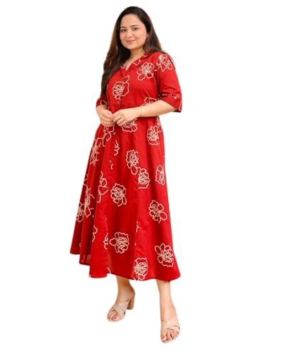 Image of Women's Floral Print Midi Dress, Rayon, A-Line Fit and Flare, Shirt Collar, Half Sleeves, Casual Wear