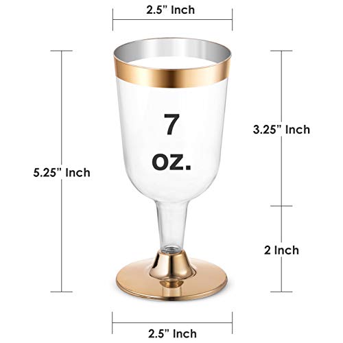 50 Gold Rimmed Disposable Wine Glasses | 7 oz. Premium Clear Hard Plastic Fancy Wine Cups (50-Pack) by BloominGoods