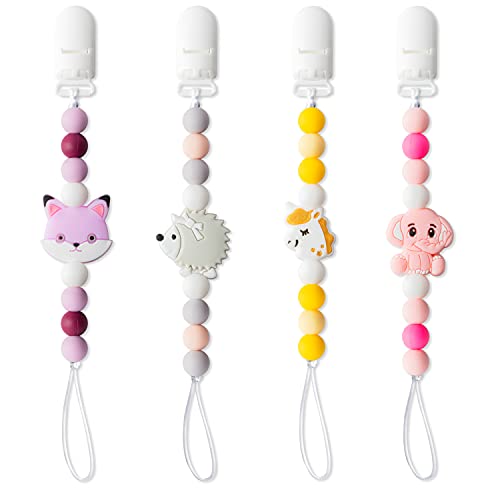 4Pcs Silicone Pacifier Clip for Girls Babies Animal Pattern Teething Clips Infant Soothie Toy Pacifier Clip Holders Chewable Bead Teethers Clips for Christmas Keepsake Baby Shower Birthday Gift