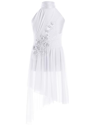 inlzdz Kids Girls Sleeveless Rhinestones Flower Applique Lyrical Ballet Leotard Dress Contemporary Latin Dance Costume Ivory 13-14 Years