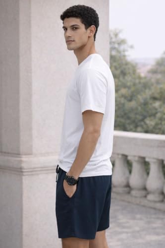 Image of Men's Solid Cotton Lounge Shorts | Premium Soft Breathable Casual Shorts with Elastic Drawstring Waist | Regular Fit Above Knee for Home, Gym & Travel