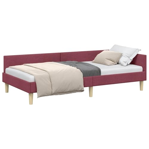 Yisssmeng Estructura de cama esquinera de 100 x 200 cm, tela de color rojo vino, moderno en forma de L, marco de cama de madera para salón y habitación de invitados, cama tapizada con cabecero