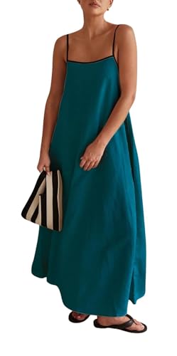 Image of Womens Summer Linen Maxi Dress Contrast Trim Spaghetti Straps Backless Sleeveless Long Flowy Dresses