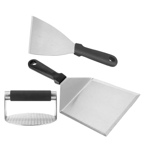 ibasenice Stainless Steel BBQ Grill Tool Set 3pcs with Meat Press and Griddle Spatula for Outdoor Barbecue and Home Patty Making