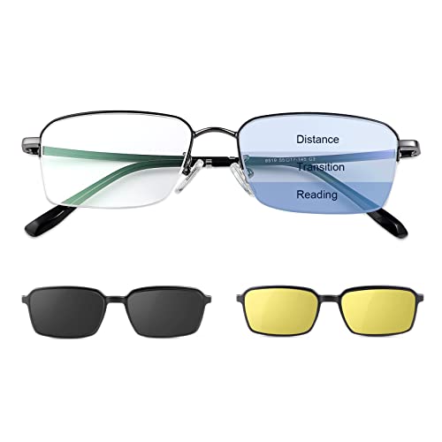 LJIMI Progressive Multifocal Reading Glasses Men and Women Blue Light Blocking Multifocus Computer Eyewear Anti Glare UV400 Protection Sun Readers with 2 Magnet Polarized Sunglasses Clip 2 in 1 Shdes