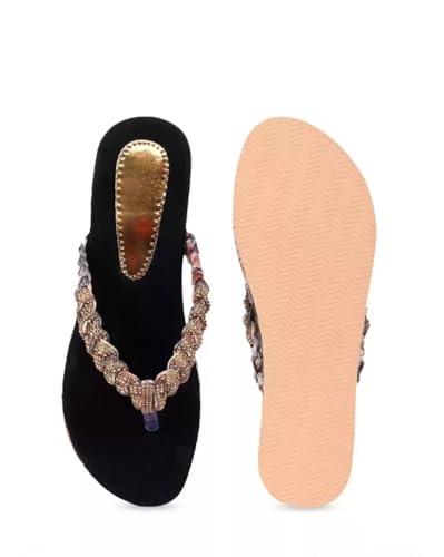 Image of ZAPATOZ Women's Floral Platform Sandals with Braided Gold Embellishment, Black Velvet Thong Slippers, Printed Sole Design