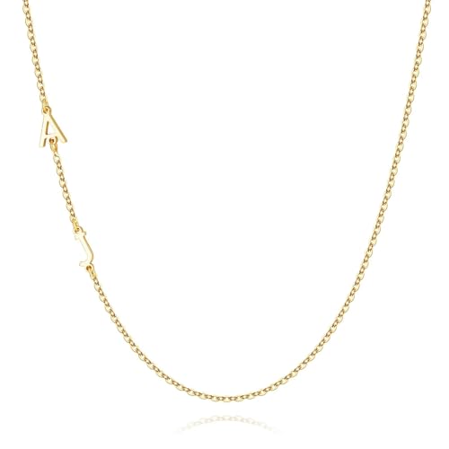 M MOOHAM Two Initial Necklaces for Women - Dainty 14K Gold Plated Sideways Gold Letter A Initial J Necklace Jewelry Birthday Gifts for Women Wife Mom