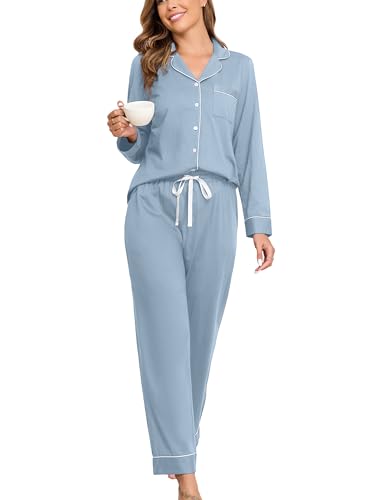 HALCYEEN 100 Percent Organic Cotton Pajamas Pajamas for Women Set Long Sleeve Sleepwear Soft Pjs Lounge Sets Pockets (Dusty Blue,M)