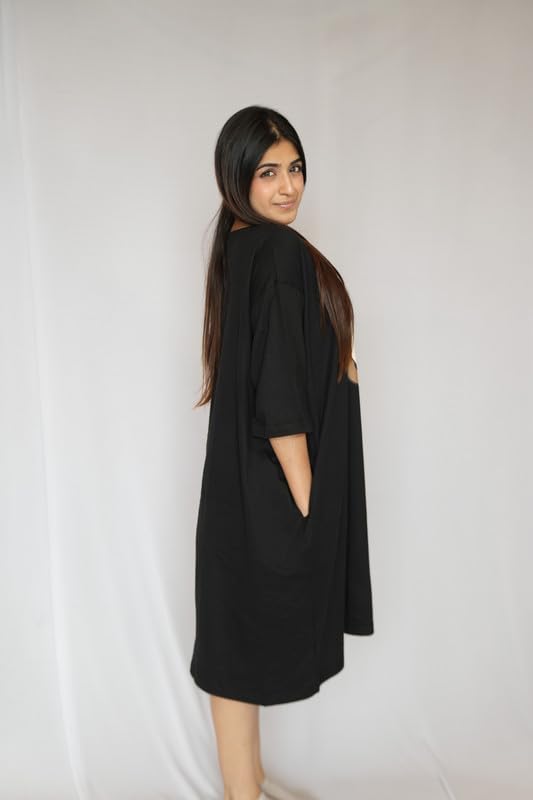 Image of LAMA STORE Women's Printed Oversized T-Shirt Dress, Cotton, 3 /4 Sleeve Length, Casual Loose Fit, Comfort Wear Extra Comfy Oversized Printed Pocket T-Shirt Dress