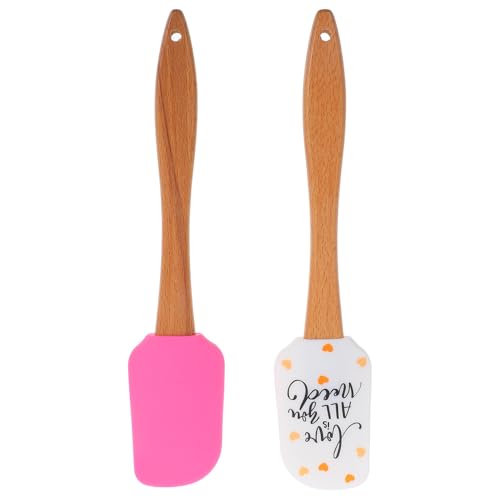 Sewroro Set 2 Spatole Silicone Resistenti al Calore Manico in Legno, Spatola Flessibile per Cottura e Decorazione Torte, Accessori da Cucina per San, Design a Cuore Rosso, Facili