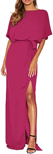 Happy Sailed Wedding Guest Dresses for Women Summer Short Sleeve Waist Belted Hot Pink Long Maxi Cocktail Party Dress with Slit Rose Medium