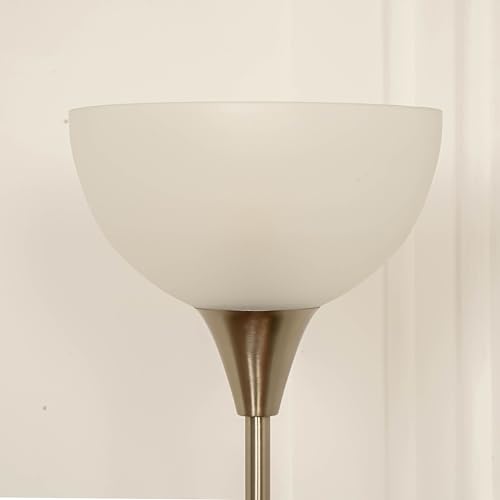 Image of Divine Trends Uplighter Satin Nickel Floor Lamp for Living Room with Frosted Glass Lampshade | Includes LED Warm Bulb | Hidden Wire Design | Uplight Corner Standing Lamp for Home | Pack of 1
