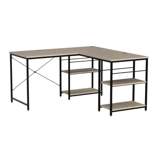 Bestier L Shaped Desk with Shelves 86.6 Inch Reversible Corner Computer Desk or 2 Person Long Table for Home Office Large Gaming Writing Storage Workstation P2 Board with 3 Cable Holes, Oak
