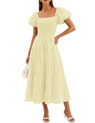 Image of ZESICA Women's 2026 Summer Puff Sleeve Midi Dress 2026 Boho Solid High Waist Flowy Beach Wedding Guest Long Dresses
