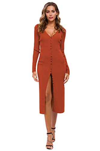CMZ2005 Women s Button Down Long Sleeve Cardigan Outerwear Sweater Dress Bodycon Party Maxi Dress 6088 Rust