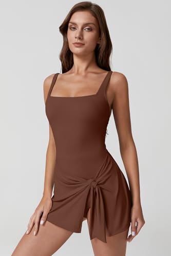 Image of QINSEN Square Neck Swim Dress for Women Tummy Control One Piece Swimsuit Wrap Bathing Suit