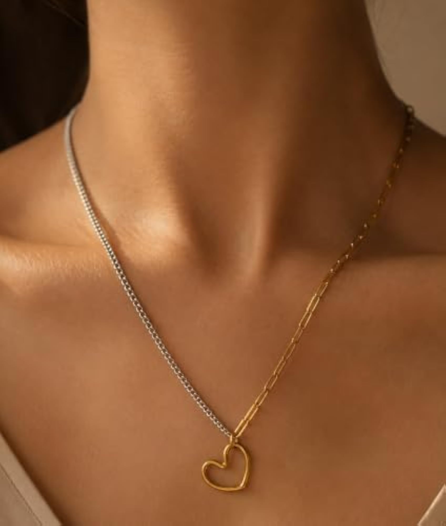 Two-Tone Heart Pendant Necklace, Gold and Silver Chain