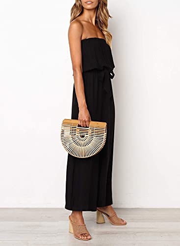 Zesica Women's 2023 Casual Off Shoulder Solid Color Strapless Belted Wide Leg Jumpsuit Romper,Black,Medium #TOP6