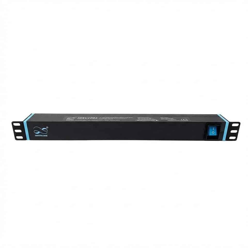 INSV1002USBC Infitronic 19" PDU/listwa zasilająca 1U, 8-krotna, obracana o 360°, 2 x USB-C, 3680 W/16 A, aluminiowa, do montażu na ścianie i szafie serwerowej, czarna