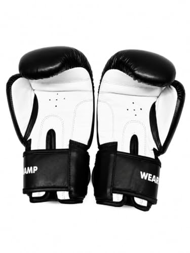 Image of ACE Genuine Leather Boxing Gloves | Adult Training Gloves for Sparring | Shock Absorbing Padding | Secure Wrist Strap | Punching Bag Workout | Black | 14 oz