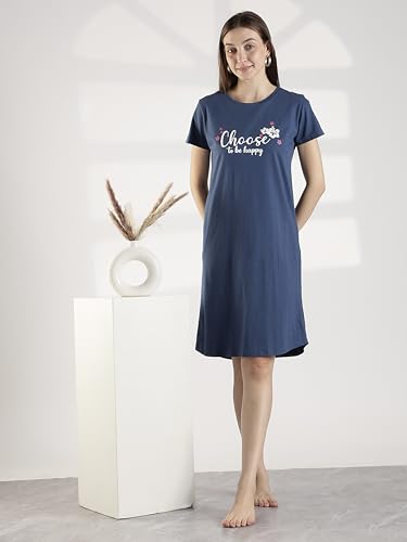 Image of 9shines Label Hosiery Cotton Knee Length Short Night Dress | Short Nighty for Women with Pocket | Graphic Print Nightwear | Night Gown for Women (M-7XL)