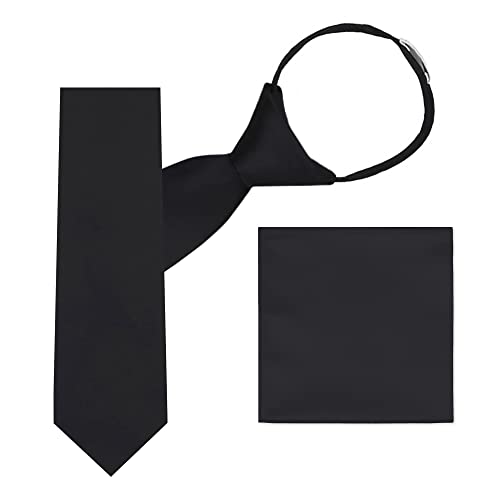 Jacob Alexander 2 Piece Set Boys' Solid 14 inch Pre-Tied Zipper Neck Tie and Pocket Square