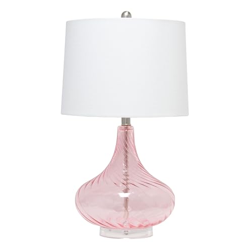 Elegant Designs LT3214-PNK 24″ Modern Refined Rippled Colored Glass Table Lamp with White Linen Tapered Drum Shade for Study, Nursery, Dining Room, Bedroom, Living Room, Guest Room, Pink
