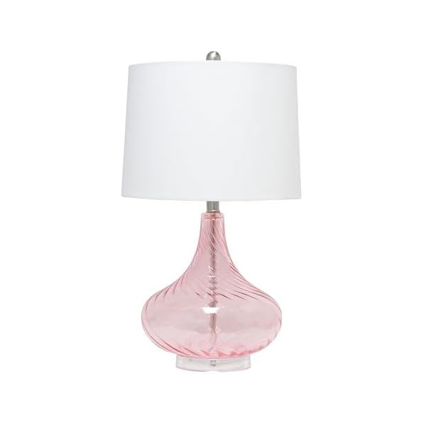 Elegant Designs LT3214-PNK 24″ Modern Refined Rippled Colored Glass Table Lamp with White Linen Tapered Drum Shade for Study, Nursery, Dining Room, Bedroom, Living Room, Guest Room, Pink