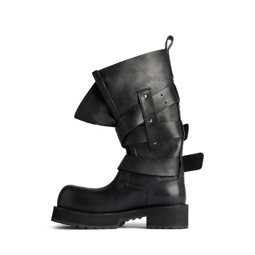 Black Women's Knee High Boots Pull On Wide Calf Riding Fashion Buckles Chunky Low Hee Buckle Moto Biker Boots4