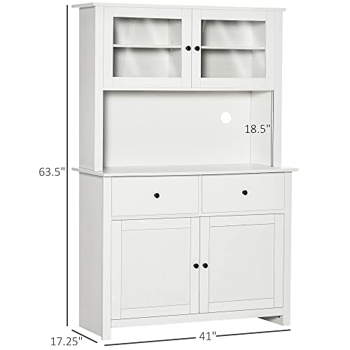 Homcom 63.5" Kitchen Buffet With Hutch, Pantry Storage Cabinet With 4 Shelves, Drawers, Framed Glass Doors, Open Microwave Countertop, Antique White #TOP2