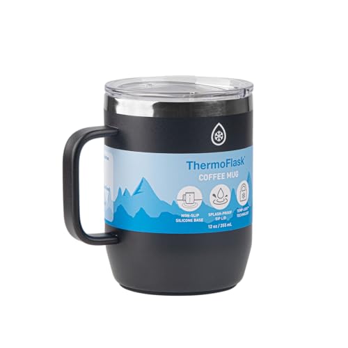 Image of ThermoFlask Insulated Coffee Mug with Handle and Splash-Resistant Lid (12 oz, Jet Black) - Stainless Steel Travel Mug for Coffee & Tea