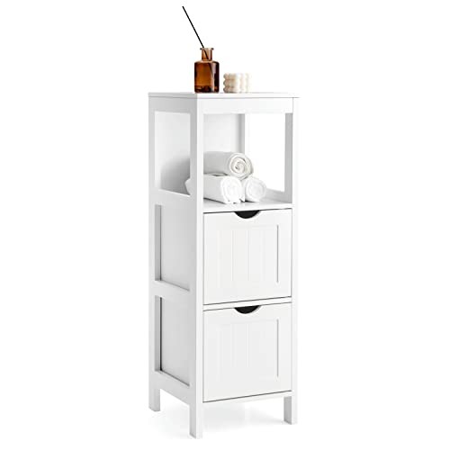 LOKO Bathroom Floor Cabinet, Multifunctional Floor Storage Cabinet with 2 Removable Drawers, Modern Bathroom Cabinet with Anti-toppling Strap, 12 x 12 x 35 inches (White)