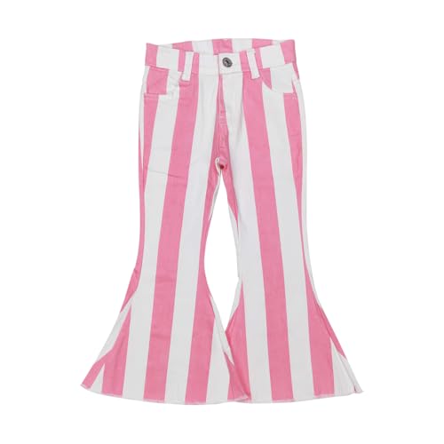 AUPYOOAU P0315 Stripe Pink Western Little Girl Bell Bottom Jeans Pants