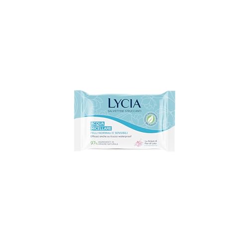 Lycia, Salviette Struccanti all'Acqua Micellare 3 in 1, Eco Tessuto Doppia Azione Biodegradabile, Formula con Acqua di Fiori di loto e Acido Ialuronico per un Effetto Idratante, 20 pezzi