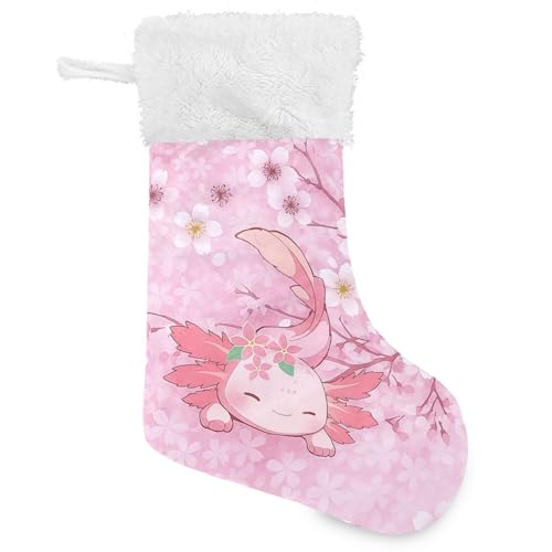 Axolotl Christmas Stocking 18 Inch Pink Cherry Blossom Large Xmas Stockings for Family Holiday Christmas Party Decorations Gift