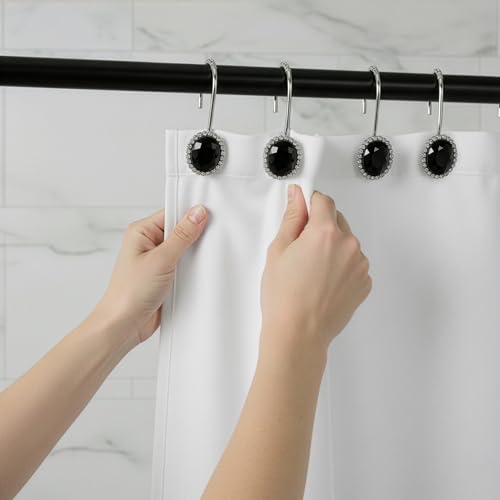 DecorRack 12 Pack Shower Curtain Hooks, Heavy Duty Stainless Steel, Rustproof and Corrosion Resistant, Smooth Glide, Rhinestone Gems Style Decorative Shower Hooks, Onyx (12 Pack)