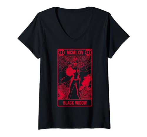 T-shirt col V Black Widow Marvel style carte de tarot pour look Halloween et fan de comics