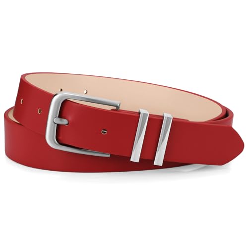 WHIPPY Women Casual Leather Belt for Jeans Pants, Fashion Ladies Waist Dress Belt (Fit Waist Size 31-36 Inches, Red)