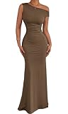 Belriviere Womens Off The Shoulder Maxi Dress Sleeveless Ruched Fishtail Sexy Bodycon Long Dress for Wedding Guest Party Evening Gown M Brown