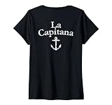Damen La Capitana (Vintage Weiß Rücken) Boot & Segel Kapitänin T-Shirt mit V-Ausschnitt