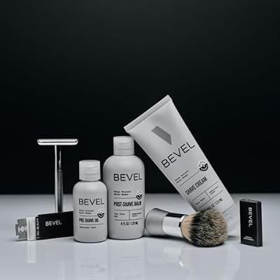 Bevel Shaving Kit for Men, Includes Safety Razor with 40 Replacement Blades, Luxury Shaving Brush, Pre Shave Oil, Shave Cream and Balm (Packaging May Vary)