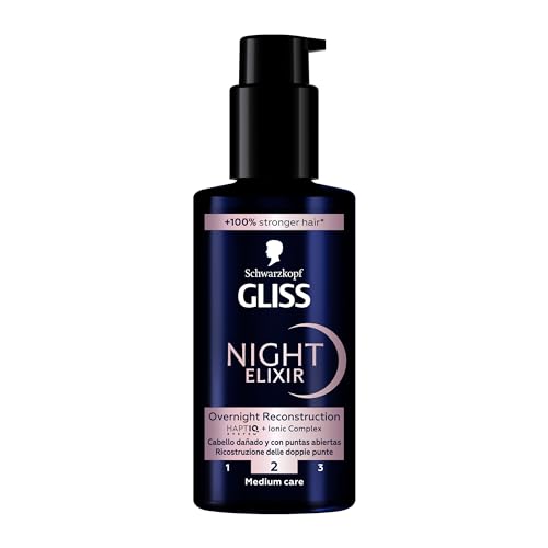 Schwarzkopf Gliss Night Elixir Siero Ricostruzione Notturna 100ml, Siero capelli con HAPTIQ System e Complesso Ionico, Prodotti per capelli danneggiati e con doppie punte