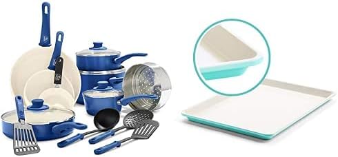 GreenLife Soft Grip Healthy Ceramic Nonstick, Cookware Pots and Pans Set, 16 Piece, Blue & Bakeware Healthy Ceramic Nonstick, Cookie Sheet, 18 x 13, Turquoise