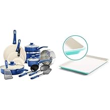 GreenLife Soft Grip Healthy Ceramic Nonstick, Cookware Pots and Pans Set, 16 Piece, Blue & Bakeware Healthy Ceramic Nonstick, Cookie Sheet, 18" x 13", Turquoise