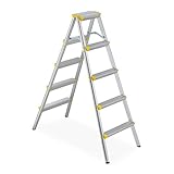 Relaxdays Bockleiter, mit 5 Stufen, Klappleiter aus Aluminium, beidseitig begehbar, bis 150 kg, Trittleiter, silber/gelb