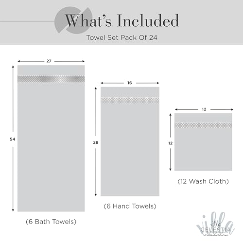 Image of Villa Celestia 24-Piece 100% Cotton Towel Set, 6 Bath Towels, 6 Hand Towels, 12 Wash Cloth, Quick-Dry, Silver